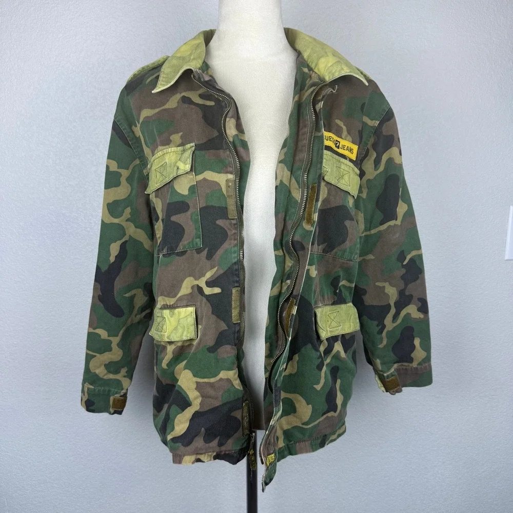 Vtg Guess Jeans Camouflage Military Jacket Women's Patches Green Brown Zipper - Picture 5 of 8